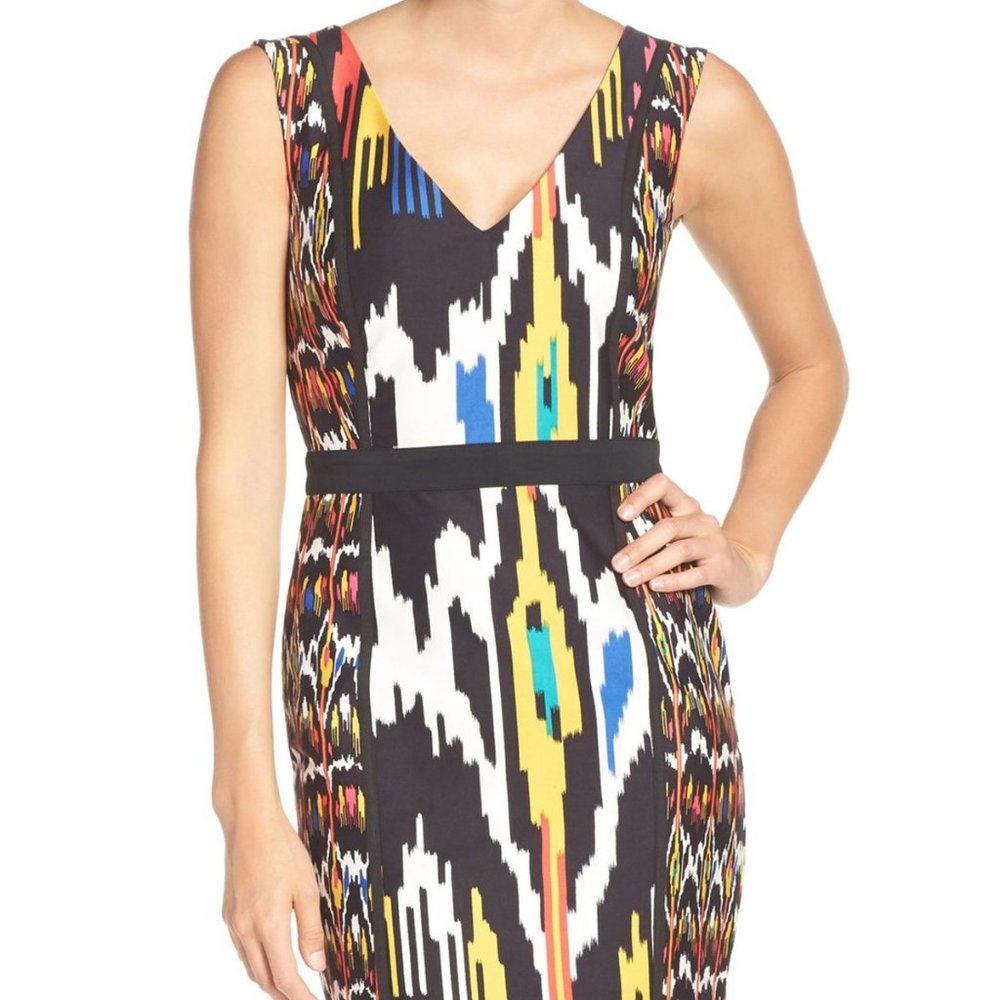 French Connection NEW Ikat Cotton Bodycon 2way Back Zipper  Dress Black Red Sexy - Picture 5 of 12